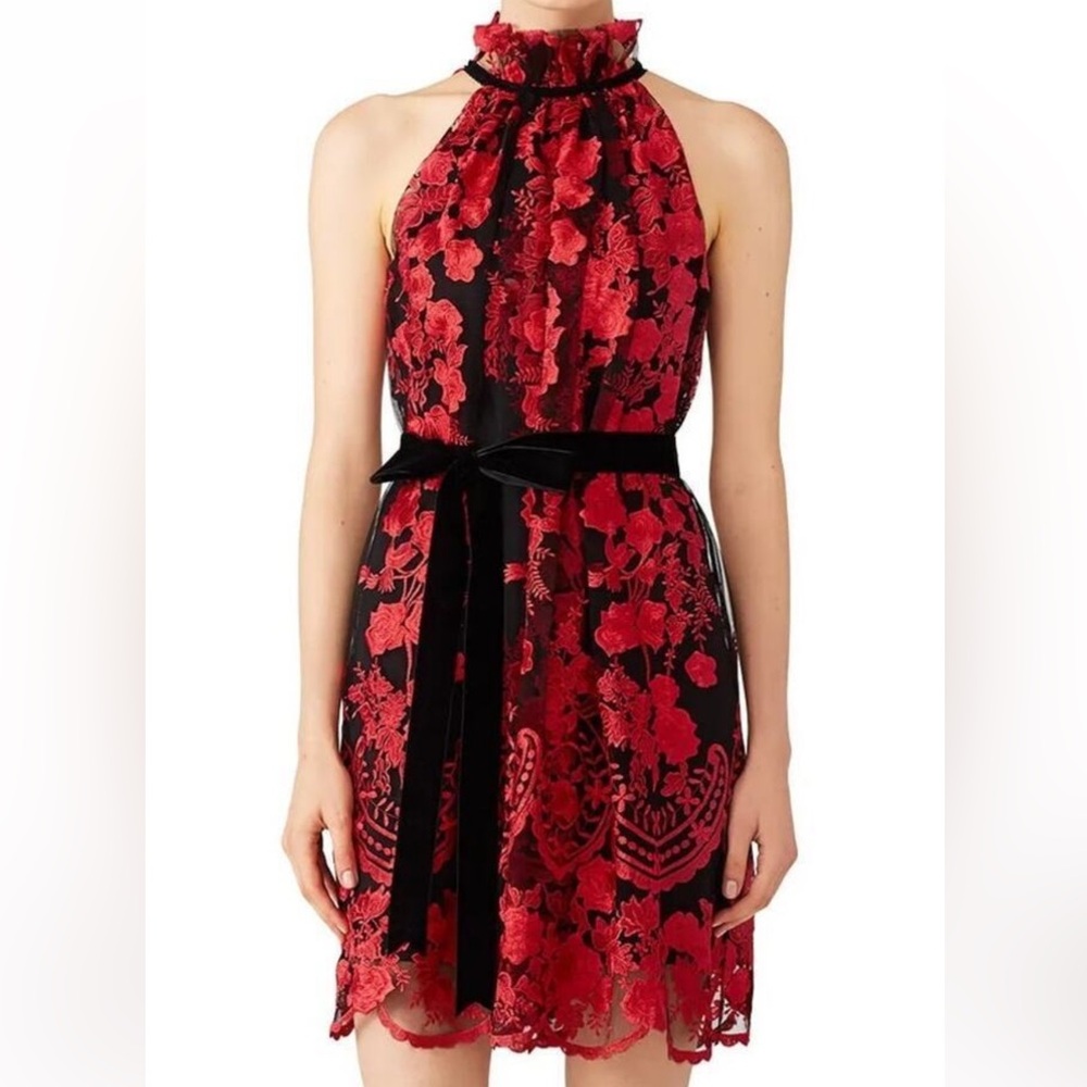 Alexia Admor Dress Sleeveless Rose Embroidered Lace Scallop Hem Shift Mini Red M
